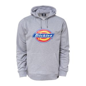 Upptäck Dickies Icon Logo Hoodie i Grå Melange, en klassisk herrhoodie med den ikoniska Dickies-logotypen, framficka och en bekväm huva.