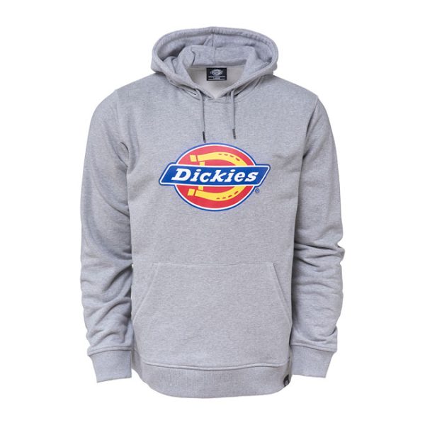 Upptäck Dickies Icon Logo Hoodie i Grå Melange, en klassisk herrhoodie med den ikoniska Dickies-logotypen, framficka och en bekväm huva.