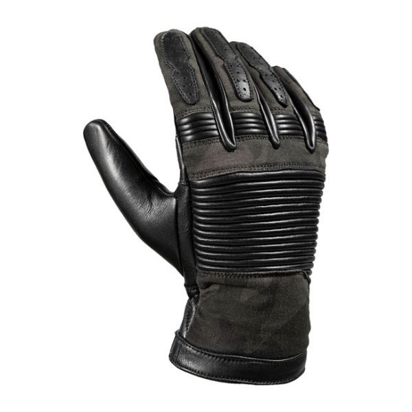 John Doe Durango Gloves – Svart/kamouflage design, tillverkade av vintage läder med XTM-Fiber® foder för säkerhet och komfort. CE-godkända.